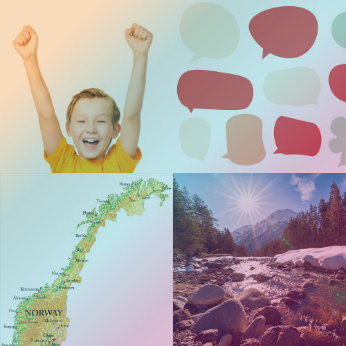 Norgeskart, en elv ved vintertid, snakkebobler og en gutt som jubler. (iStock).